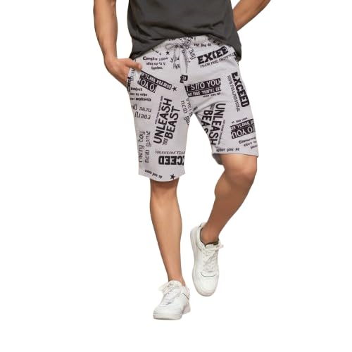 Trendy Typography Print Shorts | Breathable Summer Casual Shorts with Pockets & Drawstring Fit for Men Grey-image-44