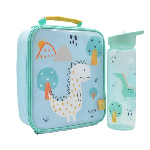Kichna Kids Doodle Dino Insulated Lunch Bag and Water Bottle Set Childrens Cooler Bag and Water Bottle with Flip Up Spout Straw