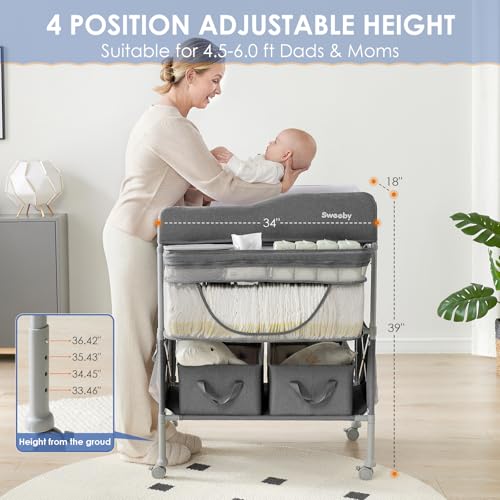 Image of Sweeby Portable Baby Changing Table, Foldable Changing Table Dresser Changing Station for Infant, Waterproof Diaper Changing Table Pad Topper, Mobile Nursery Organizer for Newborn Essentials,Darkgrey