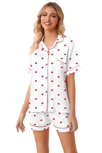 Image of Umeyda Women & Girls Pajamas Set, Soft Satin Lightweight Silk Button-Down Top with Shorts 2 Piece PJS for Mom Boys Kids Gifts