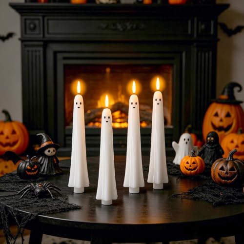 Image of Ghost Flameless LED Taper Candles Battery Operated Remote Timer | Ghost Light Flameless Candlesticks, Long Lasting Real Wax 3D Wick Flickering, Cute Halloween Decor, 0.79 inchD x 9.5 inchH, 4 Pack