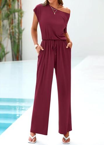 KIRUNDO Womens Jumpsuit 2026 Casual Summer Loose One Piece Off Shoulder Elastic Waist Wide Leg Long Romper with Pockets(Wine Red, Small) — view 5