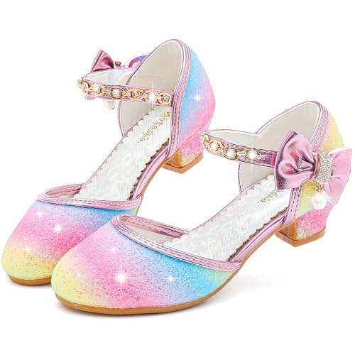 Image of Motasha Sparkly Girls Dress Shoes Kids High Heels Toddler to Big Kid | Glitter Closed Toe, Rhinestone Bow Straps, Hook-and-Loop Closure, Low Heel, Anti-Slip Outsole for Wedding Birthday Parties