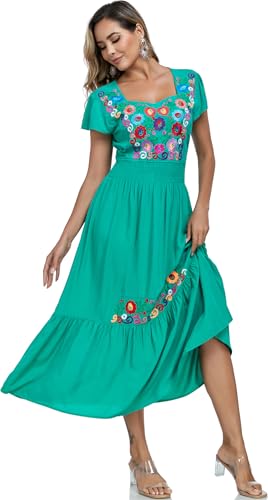 Image of Women's Summer Maxi Dress Casual Floral Embroidered Round Neck Short Sleeve Ruffle Tiered Dress Flowy Boho Beach Sundress