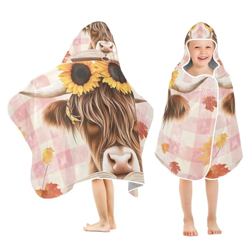 Image of A Highland Cow with Sunflowers Hooded Beach Towel for Kids, Kids Bath Hooded Towels for Boys Girls, Super Soft Absorbent Bathrobe with Hood for Swin Pool 50 inchx23.5 inch