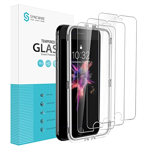 SYNCWIRE Screen Protector for iPhone 8 7 6 6s - [3-Pack, Easy Installation Frame] 9H Hardness 2.5D Tempered Glass Film for iPhone 8 7 6 6s [Shatter-Proof, Bubble-Free, Case-Friendly]