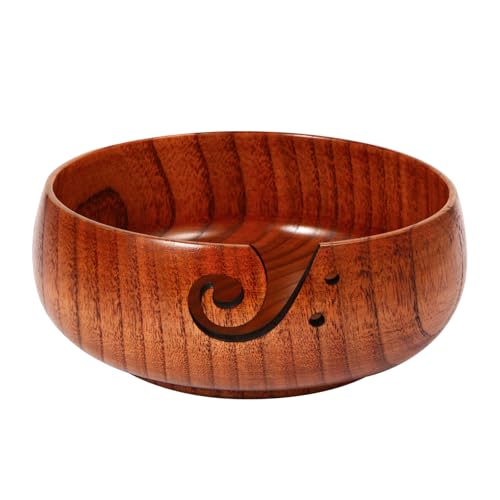 Image of Wooden Yarn Bowl, 8 inch x 3 inch Knitting Tool with Holes, Handmade Rounded Edge for Crocheting, Storage Holder for DIY Sewing Supplies