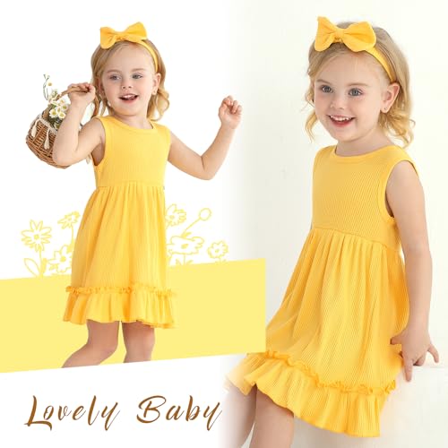 YOUNGER TREE Toddler Girl Summer Sundress Sleeveless Casual Dress Ruffle Hem Cotton Solid Outfits with Bowknot2