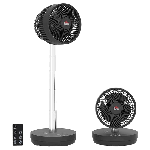 HOMCOM Ventilador de pie USB recargable con mando a distancia, inclinación ajustable, oscilación, 10 niveles de velocidad, temporizador, altura ajustable, ventilador telescópico para oficina, camping