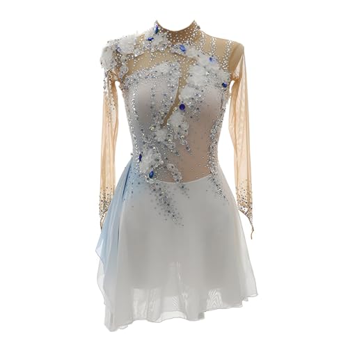 Kmarouse Sparkling Rhinestone Figure Skating Dress for Women Girls, Long Sleeve Stretchable Competition Dress with Breathable(4X-Large) White