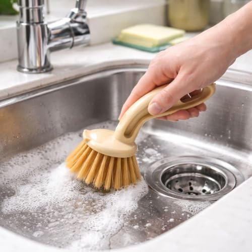 Image of KWEL Kitchen & Bathroom Cleaning Brush | Plastic Sink Scrub Brush for Wash Basin, Tiles, Countertops & Dishes | Strong Bristles | Pack of 2 | Multicolor