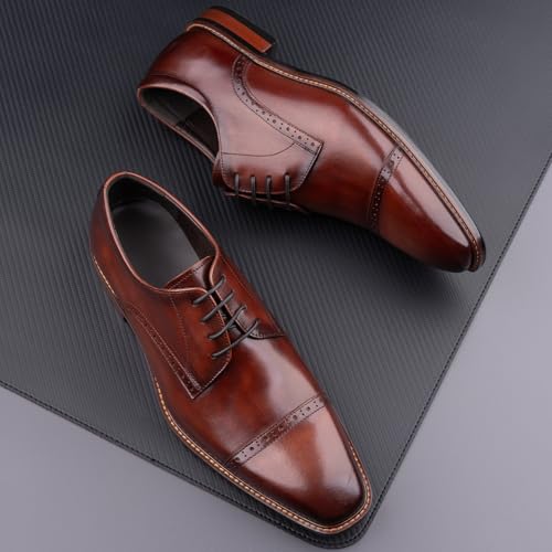 Image of Men Cap Toe Derby Shoes Open Lacing Wide Fit High Instep Full Grain Polished Leather Brogue Formal Dress Shoes for Wedding Groom Business Black Tie