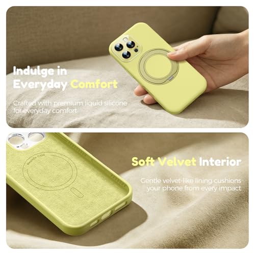 Image of Silicone 360 Spin Magnetic Stand Case for iPhone 16 Pro Max, [Compatible with Mag-Safe][Reinforced Hard Camera Protection] Liquid Silicone Rubber Phone Cover with Ring, Camera Button, Butter Yellow