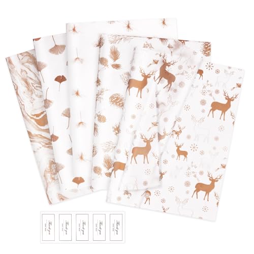 Larcenciel 50 Sheets Christmas Tissue Paper for Gift Bags 27.6x19.7 inch, Rose Gold Wrapping Tissue for Gifts, Metallic Glitter Design, Pinecone Deer Xmas Tissue Paper for Holiday New Year Party Craft