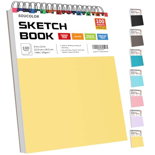 College Graduation Gifts, Halloween Christmas Gifts, Nursing Student Essentials, Teacher Appreciation Gifts, Soucolor 9" x 12" Yellow Sketch Book, 1-Pack 100 Sheets Spiral Bound Drawing Paper