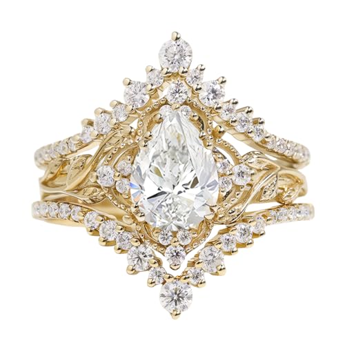 Moissanite Engagement Ring Set - 1ct Pear Cut Bridal Sets for Women, 10K 14K 18K Vintage Leaf Wedding Rings, 3pcs Promise Rings4