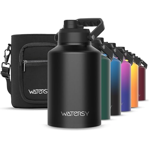 WATERSY 1 Gallon Water Bottle Insulated(Cold for 48 Hrs),BPA Free&Leak Proof,128oz Stainless Steel Water Jug with Handle for Gym,Hiking,Camping&Travel,Black Large Thermo