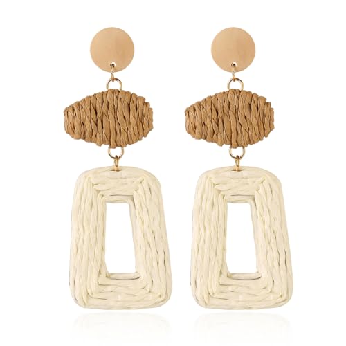 Image of Handmade Raffia Hoop Earrings Statement Tropical Bohemian Straw Dangle Earrings Natural Rattan Vacation Style Round Earrings for Women Summer Beach Party Essential Jewelry