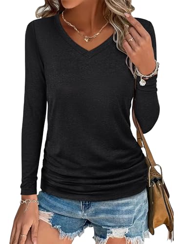 ANRABESS Shirts for Women Long Sleeve V Neck Tops Dressy Business Casual Side Ruched T-Shirts 2025 Fall Tee Blouses Outfits