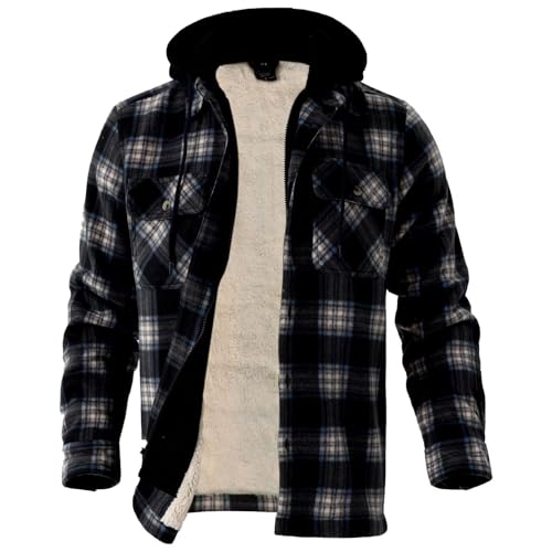 LeeHanTon Mens Fashion Sherpa Fleece Lined Hoodie Heavy Thick Flannel Plaid Jacket Zip Up Winter Warm Coat Buffalo Zipper Sweatshirt Navy Plaid Size M