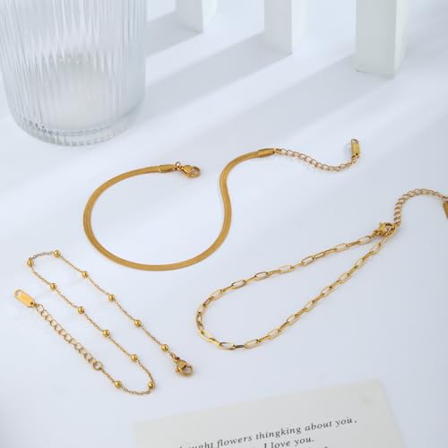 Image of Gold Anklets for Women Waterproof 14k Gold Plated Cuban Link Anklets Non Tarnish Rope Herringbone Ankle Chain Summer Beach Jewelry Gifts for Women