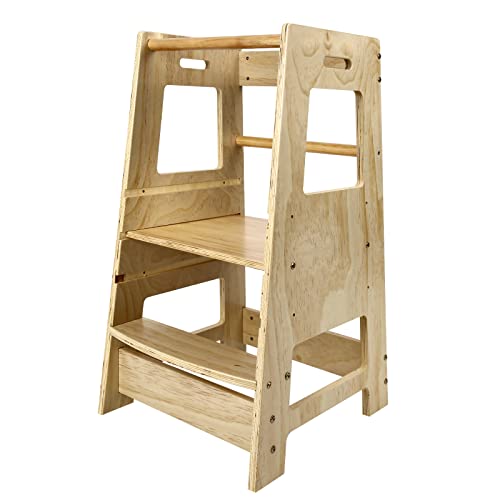 Image of ECOMEX Toddler Standing Tower Kitchen Step Stool for Kids - Adjustable Height Learning Stool with Removable Safety Rail for Bedroom, Bathroom, Natural