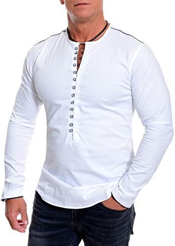 D&R Fashion Homme Chemise sans col Ras du Cou Manches Longues Boucles de Bouton Coupe Slim
