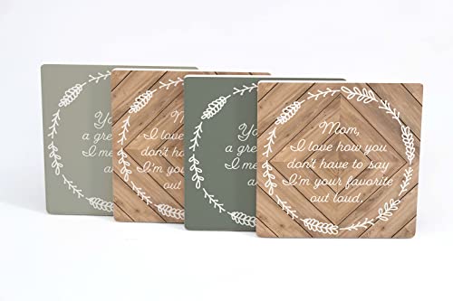 4 Absorbent Ceramic Drink Coasters with Cork Back, Artist Designed, 4”x4” Square Coaster Set, Protects Tabletop, Great Housewarming Gift (Funny Mother's Day Quotes Wooden)