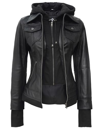 fjackets Hooded Leather Bomber Jacket Women - Real Lambskin Womens Leather Jacket with Removable Hood4