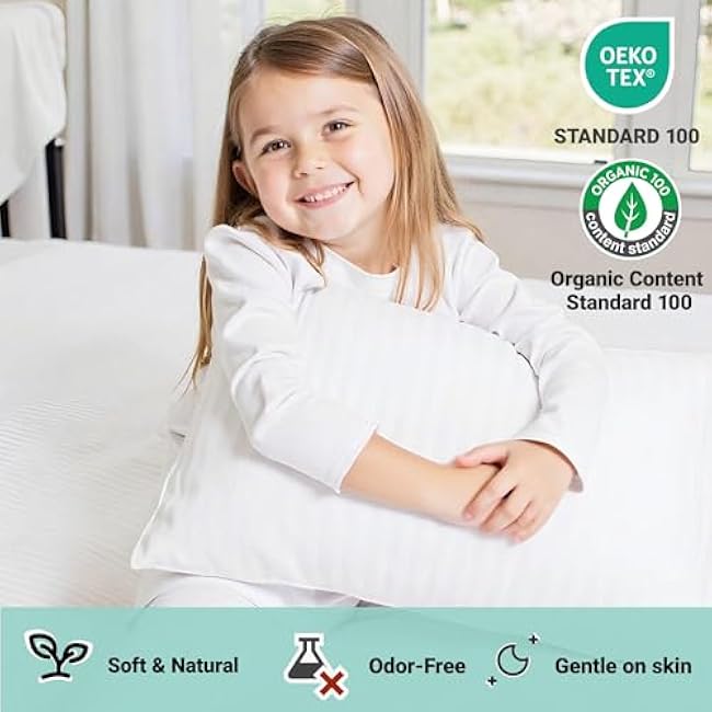 ZPECC Toddler Pillow with Pillowcase - 13x18 Organic Cotton Hypoallergenic Kids Pillow, Baby Essentials for Travel Crib Daycare Stroller (Intended for Age 2 and up) White Stripe