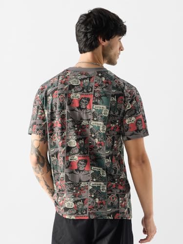 Image of The Souled Store Official Marvel: Comic Nerd Men and Boys Short Sleeves Round Neck Grey All Over Printed Cotton T-Shirts