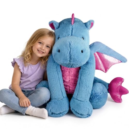 ARELUX Large Dragon Stuffed Animal Plush Toy - Cute Blue Pterosaur Plushie, Giant Fuzzy Dinosaur Pillow for Cuddling, 50in Length (33in Sitting Height), Soft Plush Gift