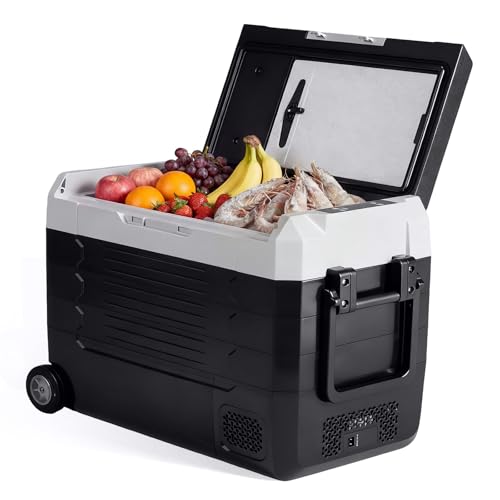 Image of NEWBULIG 12 Volt Car Refrigerator, 53QT Dual-Zone Electric Cooler for Vehicles with Wheels, 12/24V DC & 100-240V AC, -4℉-68℉ Freezer, Bluetooth Control, Battery Protection for Travel, Camping