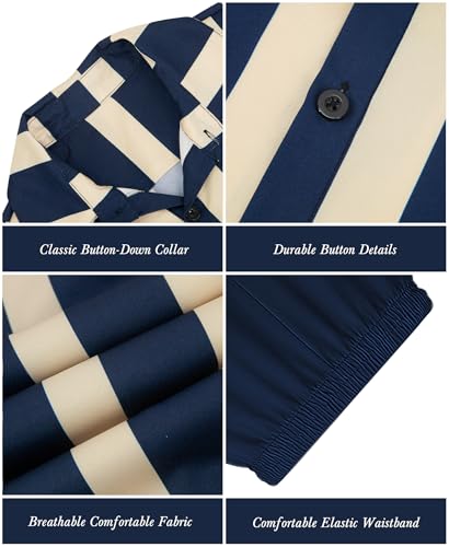 Image of Weecreeture Boys Summer 2 Piece Outfits - Short Sleeve Button Down Shirt & Shorts Set - Navy Blue Beige Striped for 13-14 Years