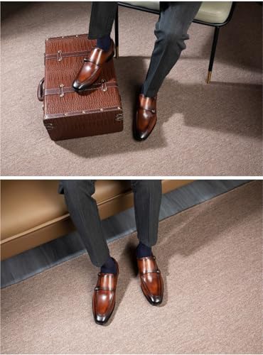 Dress Oxford for Men Slip On Square Burnished Toe Genuine Leather Double Monk Strap Low Top Non Slip Rubber Sole Outdoor4