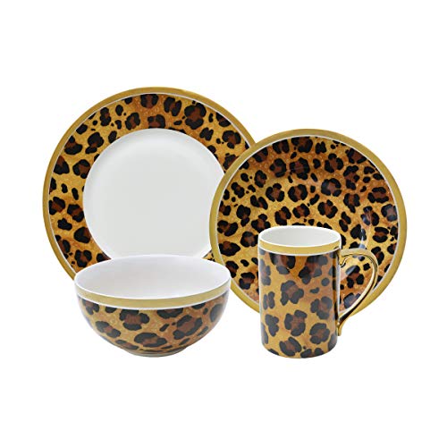 222 Fifth Serengeti 16-Piece Porcelain Dinnerware Set With Round Plates, Bowls, And Mugs, Leopard Print #TOP1