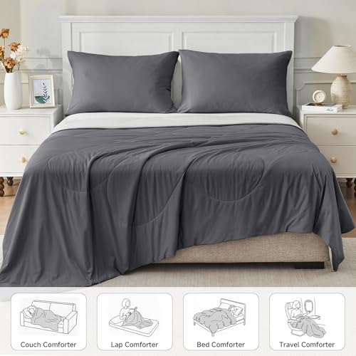 Image of HOMFINE Cooling Comforter Japanese Double-Sided Cold Tech Fabric Cooling Blanket for Night Sweats Hot Sleepers, Q-Max 0.45 Soft Breathable Silky Smooth Lightweight Grey Summer Comforter Queen