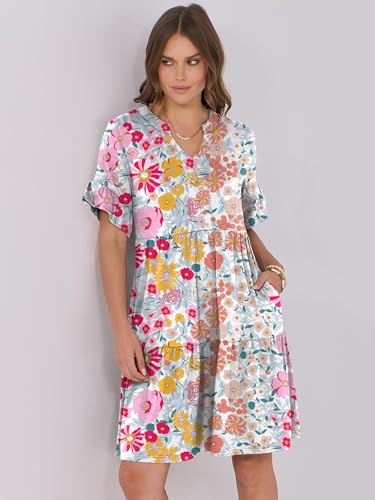 Image of ANRABESS Women's Summer Casual Dress, V-Neck Ruffle Sleeve Tiered Mini Dress, Soft Comfy Fabric with Pockets for All-Day Wear