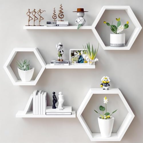 Image of Engineered Wood Woden Hexagonal Shape Wall Hanging Rack Floating Shelves for Display for Photos,Plants Living Room, Bedroom,Bathroom, Kitchen, Office Decor (White)
