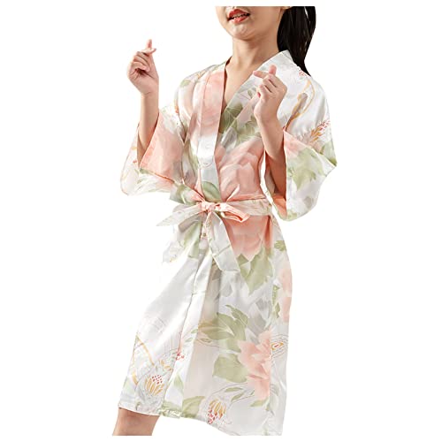 Girls Satin Flower Kimono R𝐨be with Belt Cute Oversized Short Sleeve 𝗽ajamas Dress Bathr𝐨be Gowns F𝐚mily L𝐨unge