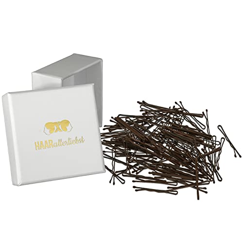 HAARallerliebst Mini Haarklammern Bobby Pins (braun | 3,4cm | 100 Stück) inkl. Schachtel zur Aufbewahrung (Schachtelfarbe: Weiss) Cover