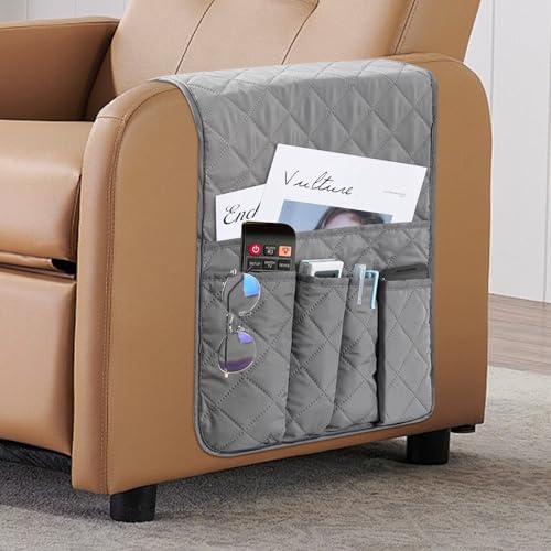 Sofa Armrest Organizer for Couch - Non-Slip Waterproof Arm Chair Bedside Caddy Storage with 5 Pockets, Armchair Organizer for Recliner Couch TV Remote Control Holder Cell Phone Magazines Tablet (Grey)