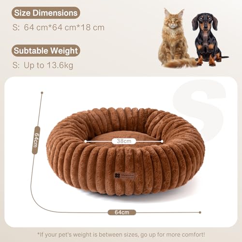 MEWOOFUN Hunde-Donut-Betten für kleine Hunde, beruhigendes Hundebett, rundes süßes Welpenbett mit Rutschfester Unterseite, Flauschiges (Braun, 64x64x18cm)