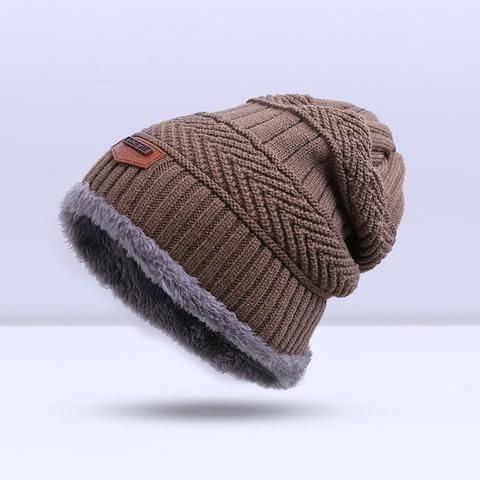 Gorro masculino de tricô de inverno com forro de lã grossa felpudo