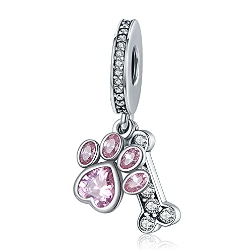 LaMenars Charms Pink Paw Dangle 925 Sterling Silver Dog Bone Pendant Bead with Cubic Zirconia Fits Europe Charm Bracelet Necklace, Gifts for Women Girls