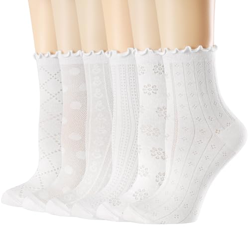 Mcool Mary Women's Ruffle Socks Mesh Casual Lace Cotton Crew Summer Ultra Thin White Frilly Ankle Socks for Women 6 Pairs
