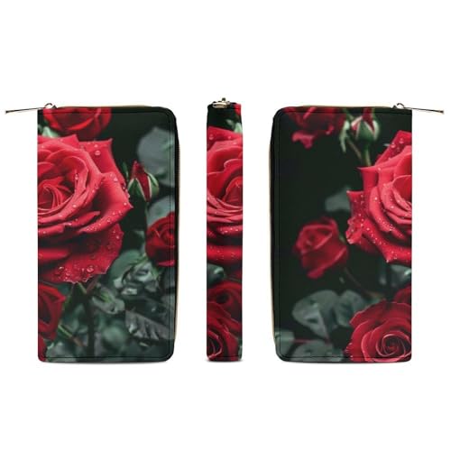 Red Rose Print Long Wallet for Women Men PU Leather Card Holder Organizer with Zipper Coin Pocket & Cash Slots3