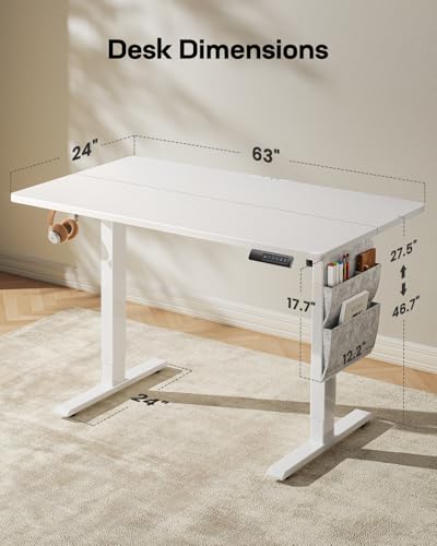 Image of Marsail Standing Desk,Home Office Adjustable Heights Desk,Stand Up Desk,63x24 Inches Desktop Sit Stand Gaming Computer Desk for Study,Writing with 4 Memory Presets,Headphone Hook,Cable Organizer,White