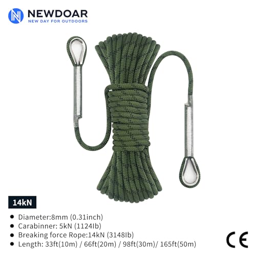 NewDoar 14KN Static Climbing Rope 8mm(5/16in) Accessory Cord Equipment 33FT(10M) 66FT(20M) 98FT(30M) 165FT(50M) Escape Rope with 2 Carabiners for Ice Climbing Equipment Fire Rescue Rope-Green/30M - Image 2