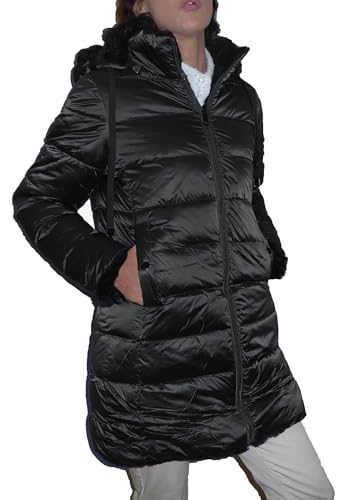 Fantasy Abrigo de piel ecológica reversible acolchado largo niña mujer capucha, Negro , XXL